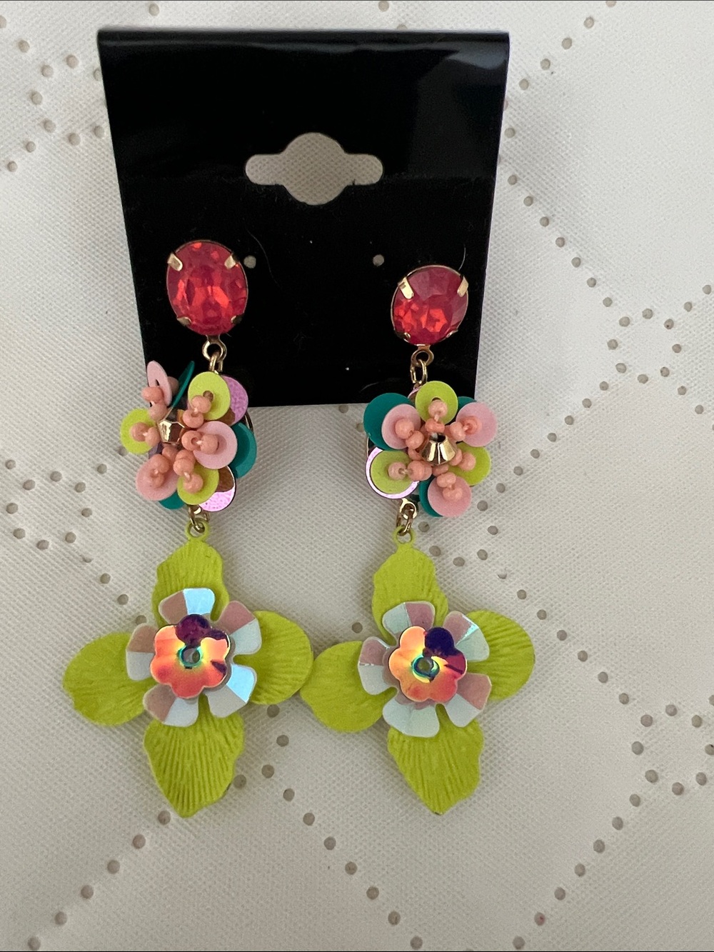 Floral Drop Earrings with Pink Crystal Studs - Lime Green